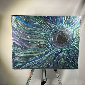 Abstract Blue Green Vortex Painting Metallic Art Original 16”x 20”